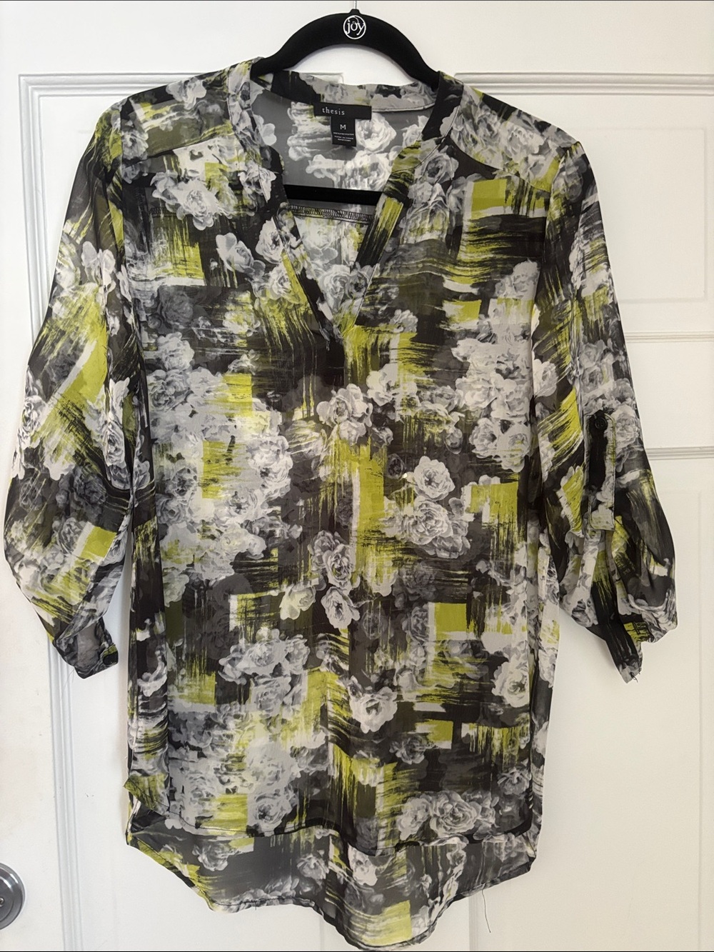 Floral Brushstroke V-Neck Blouse in Lime Green and Black